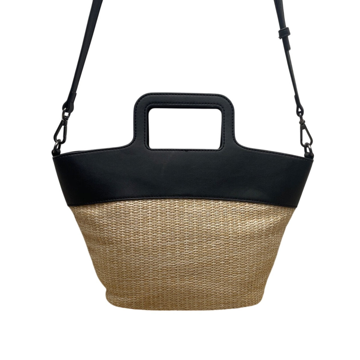 Simply Vera Vera Wang Black Leather Straw Canvas Shoulder Strap Tote Bag Sz M