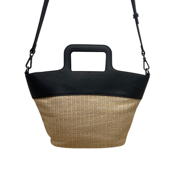 Simply Vera Vera Wang Black Leather Straw Canvas Shoulder Strap Tote Bag Sz M