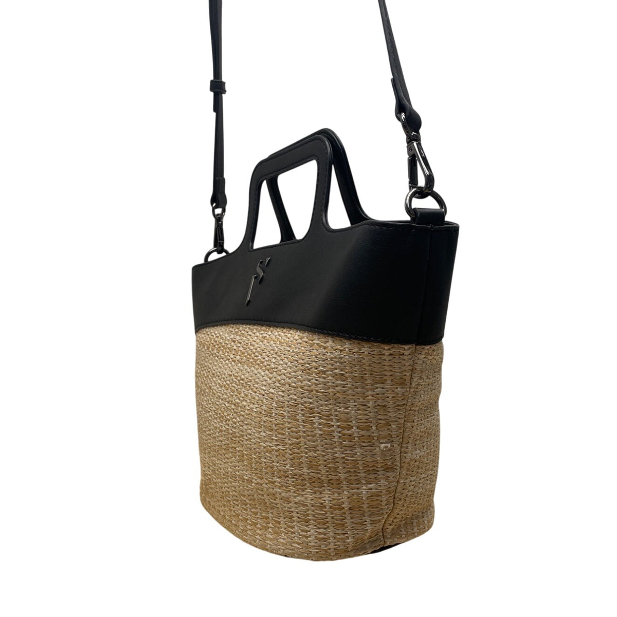 Simply Vera Vera Wang Black Leather Straw Canvas Shoulder Strap Tote Bag Sz M
