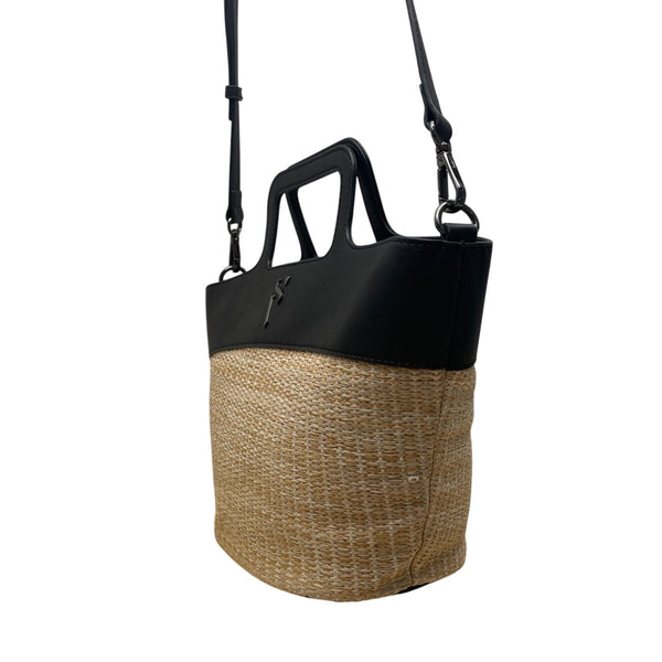 Simply Vera Vera Wang Black Leather Straw Canvas Shoulder Strap Tote Bag Sz M