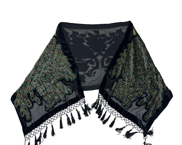 J&X NY Black Women's Silk Velvet Peafowl Print Stole One Size