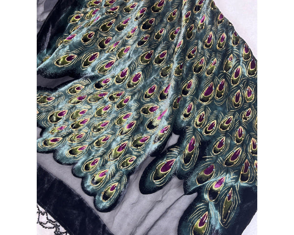 J&X NY Black Women's Silk Velvet Peafowl Print Stole One Size