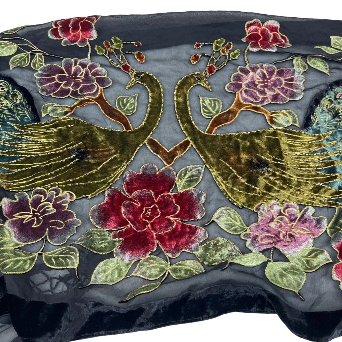 J&X NY Black Women's Silk Velvet Peafowl Print Stole One Size