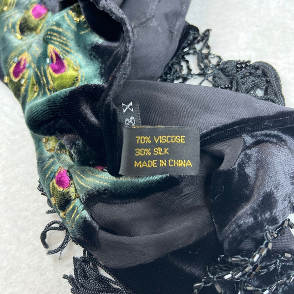 J&X NY Black Women's Silk Velvet Peafowl Print Stole One Size