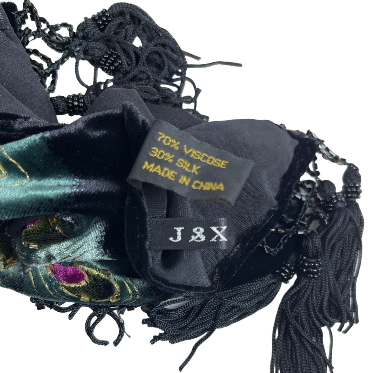 J&X NY Black Women's Silk Velvet Peafowl Print Stole One Size