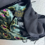 J&X NY Black Women's Silk Velvet Peafowl Print Stole One Size