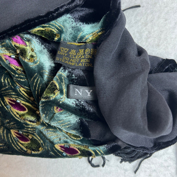 J&X NY Black Women's Silk Velvet Peafowl Print Stole One Size