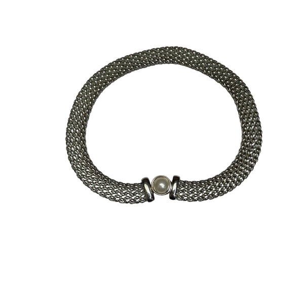 Mesh Silver-Tone Womens Bracelet With Pearl Accent Elegant Minimalist Design