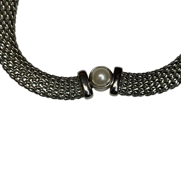 Mesh Silver-Tone Womens Bracelet With Pearl Accent Elegant Minimalist Design