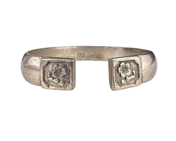 Antique Silver Tone Adjustable Tibetan Cuff Bracelet Floral Etched Motif 7" To 8"
