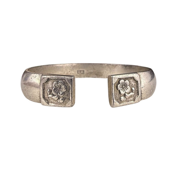Antique Silver Tone Adjustable Tibetan Cuff Bracelet Floral Etched Motif 7" To 8"