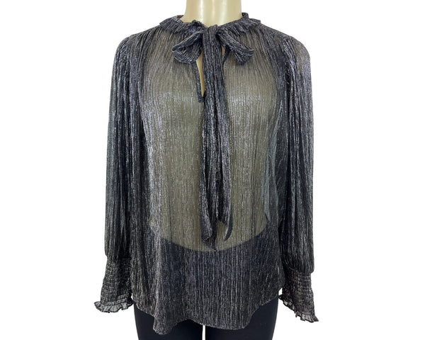 Misa Los Angeles Sheer Metallic Silver & Black Bow Tie Blouse Top Size S