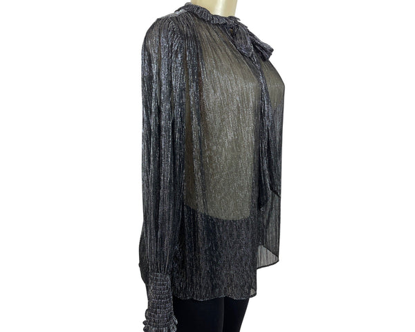 Misa Los Angeles Sheer Metallic Silver & Black Bow Tie Blouse Top Size S