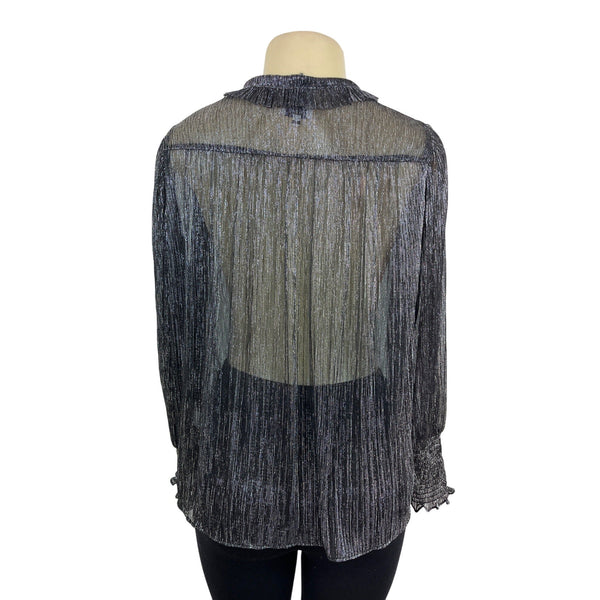 Misa Los Angeles Sheer Metallic Silver & Black Bow Tie Blouse Top Size S