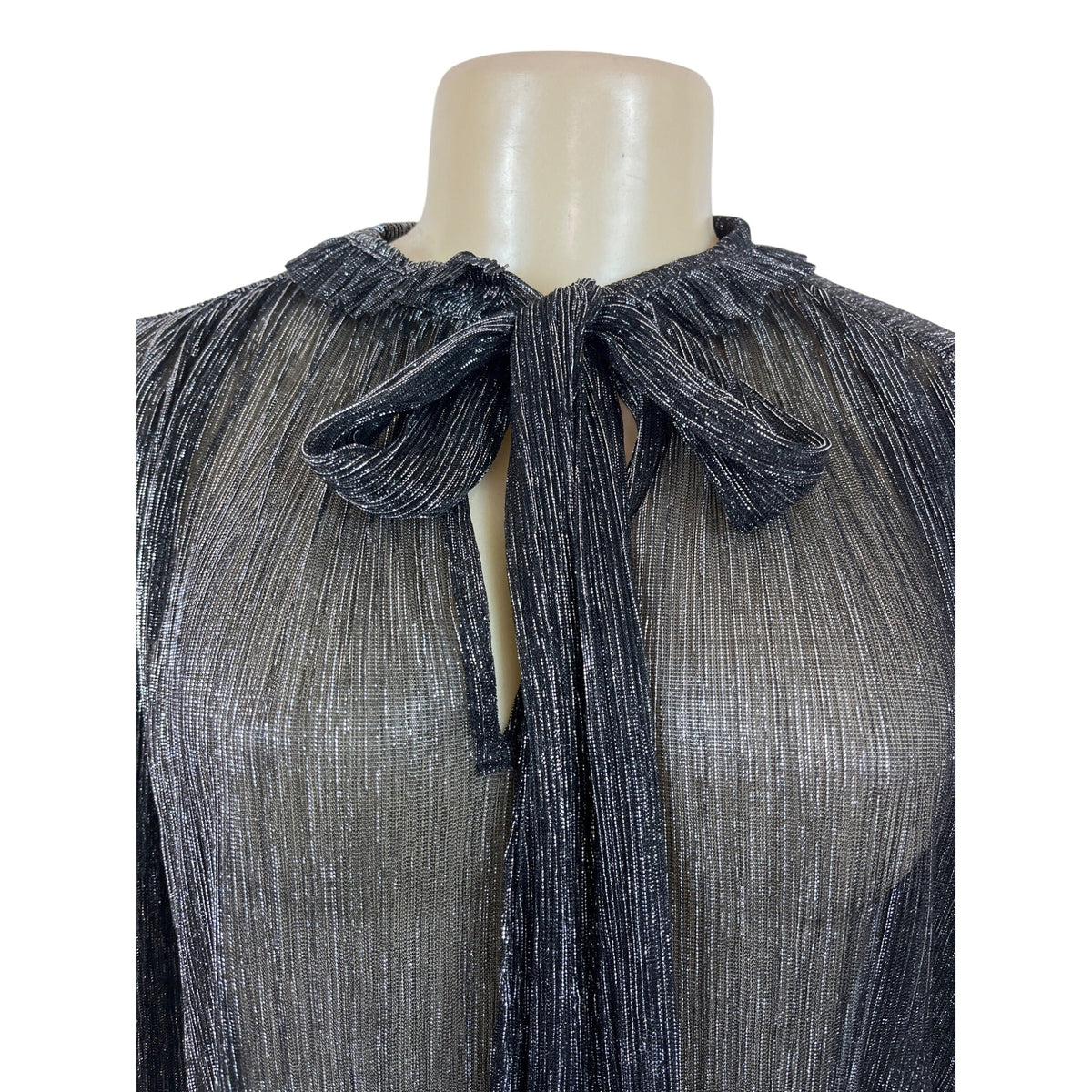 Misa Los Angeles Sheer Metallic Silver & Black Bow Tie Blouse Top Size S