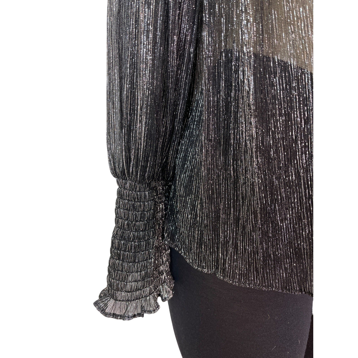Misa Los Angeles Sheer Metallic Silver & Black Bow Tie Blouse Top Size S