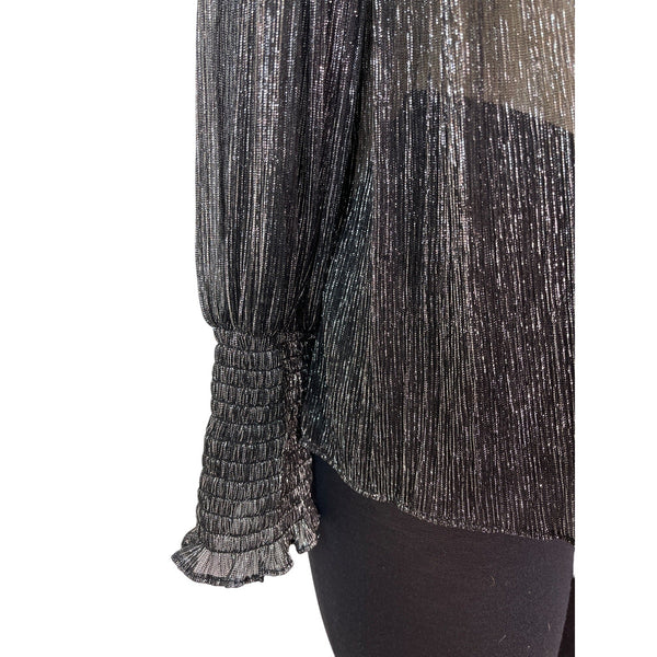 Misa Los Angeles Sheer Metallic Silver & Black Bow Tie Blouse Top Size S