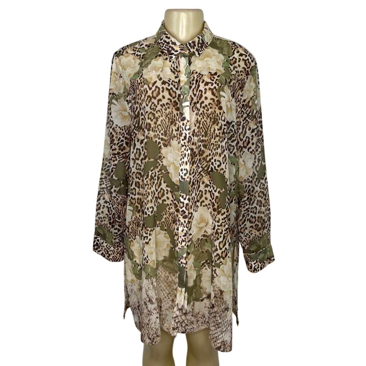 Chicos Leopard  & Floral Print Sheer Tunic With Button-Front Size L
