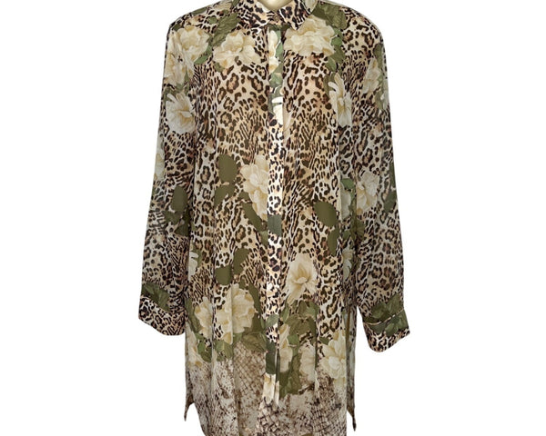 Chicos Leopard  & Floral Print Sheer Tunic With Button-Front Size L