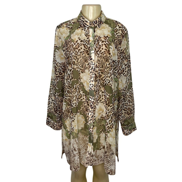 Chicos Leopard  & Floral Print Sheer Tunic With Button-Front Size L