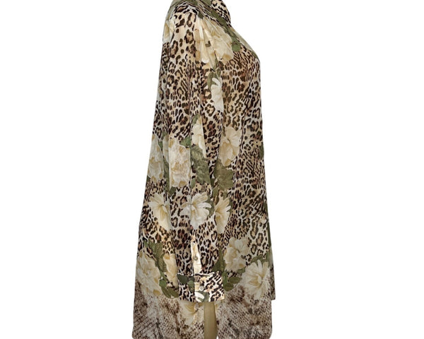 Chicos Leopard  & Floral Print Sheer Tunic With Button-Front Size L