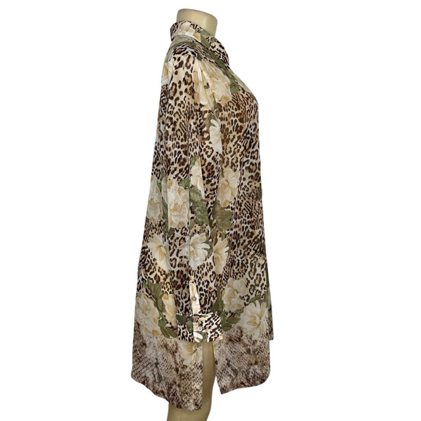 Chicos Leopard  & Floral Print Sheer Tunic With Button-Front Size L