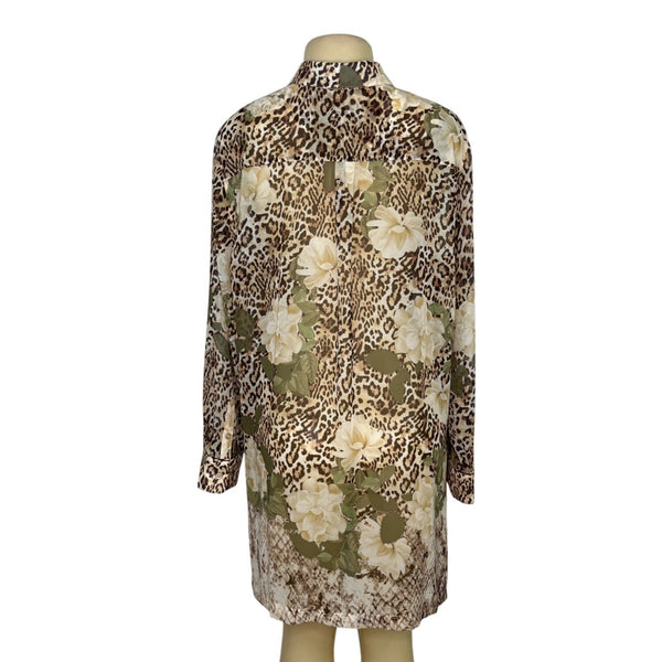 Chicos Leopard  & Floral Print Sheer Tunic With Button-Front Size L