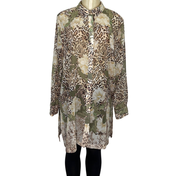 Chicos Leopard  & Floral Print Sheer Tunic With Button-Front Size L