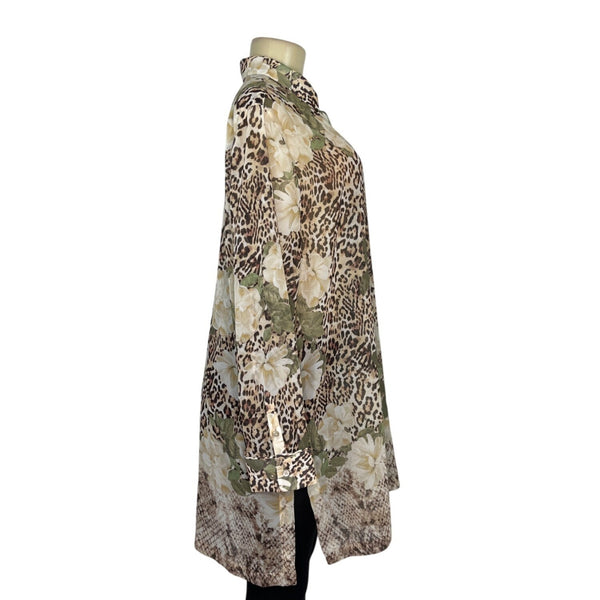 Chicos Leopard  & Floral Print Sheer Tunic With Button-Front Size L