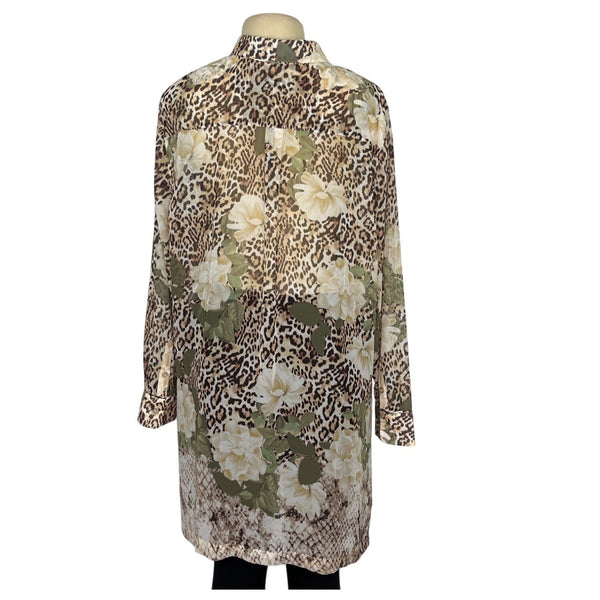Chicos Leopard  & Floral Print Sheer Tunic With Button-Front Size L