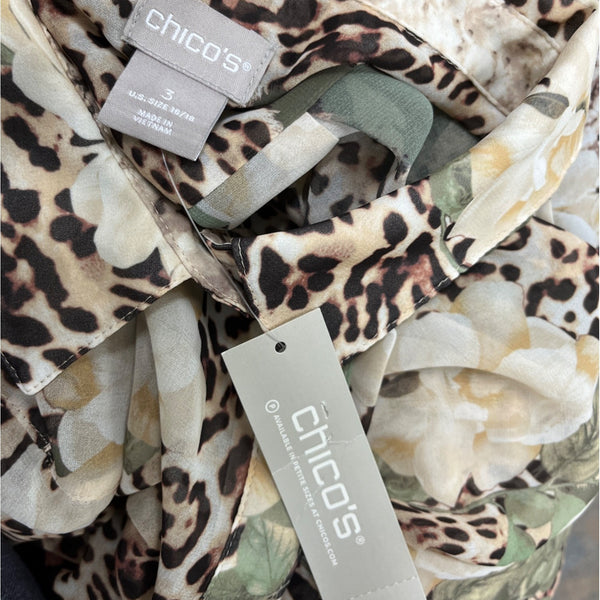 Chicos Leopard  & Floral Print Sheer Tunic With Button-Front Size L