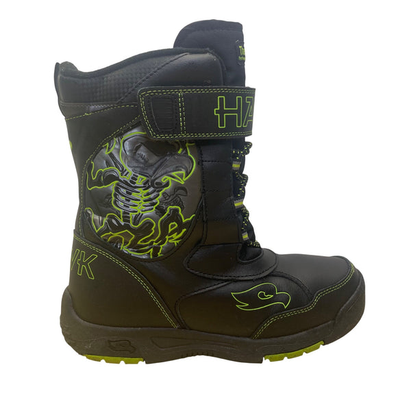 Hawk Boys Black/Neon Green Skull Detail  Lace-Up  Thermolite Insulated Boots Sz 6