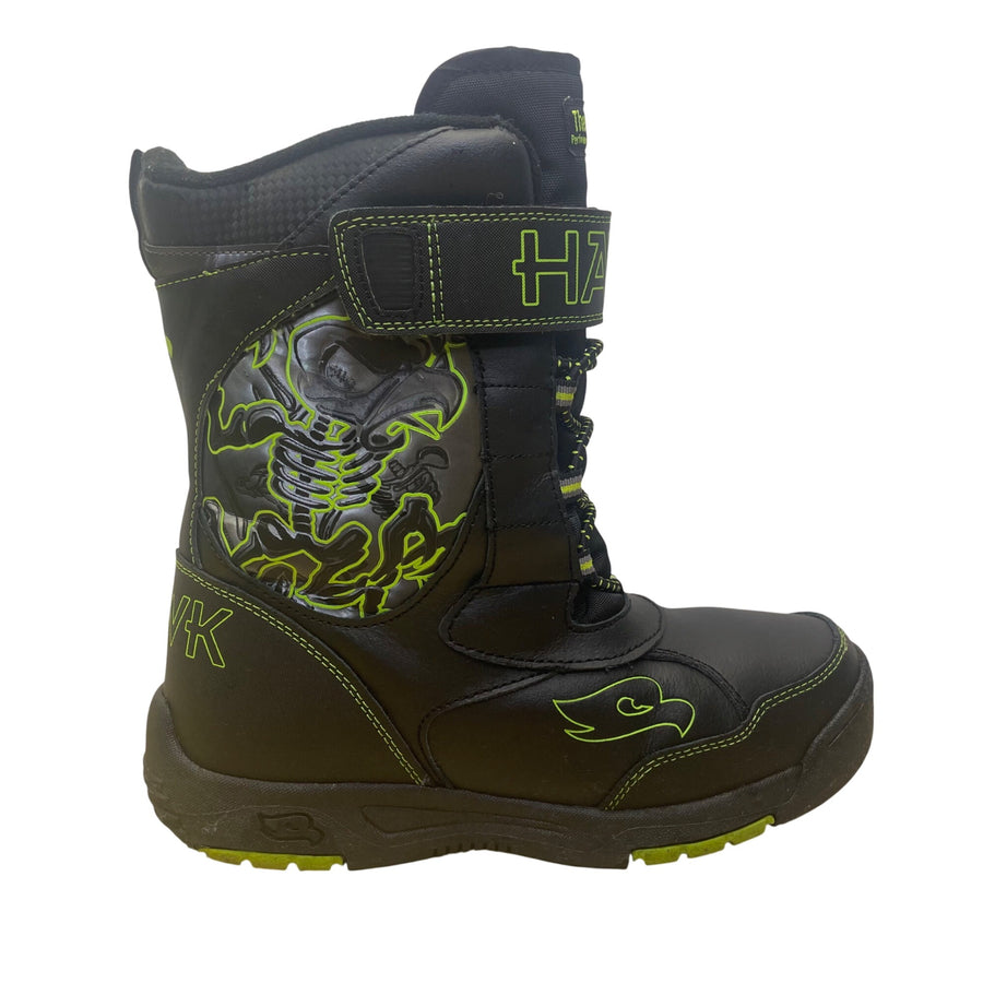Hawk Boys Black/Neon Green Skull Detail  Lace-Up  Thermolite Insulated Boots Sz 6