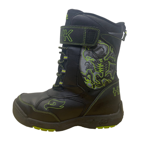 Hawk Boys Black/Neon Green Skull Detail  Lace-Up  Thermolite Insulated Boots Sz 6