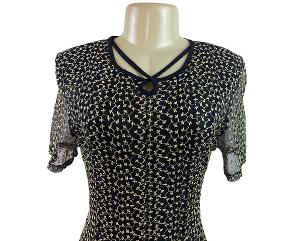 Vintage-Inspired Black & Beige Floral Midi Dress With Sheer Sleeves & Tie-Back