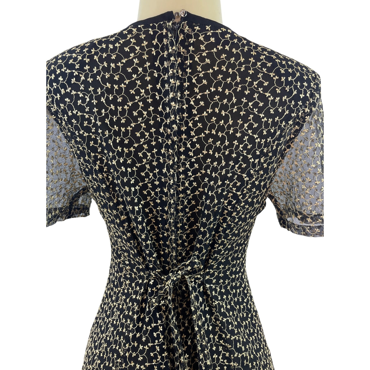 Vintage-Inspired Black & Beige Floral Midi Dress With Sheer Sleeves & Tie-Back