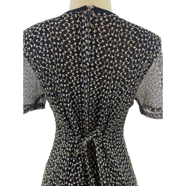 Vintage-Inspired Black & Beige Floral Midi Dress With Sheer Sleeves & Tie-Back