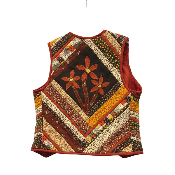 Vintage Handmade Womens Quilted Floral Patchwork Vest Multicolor Cotton Autumn Design OS