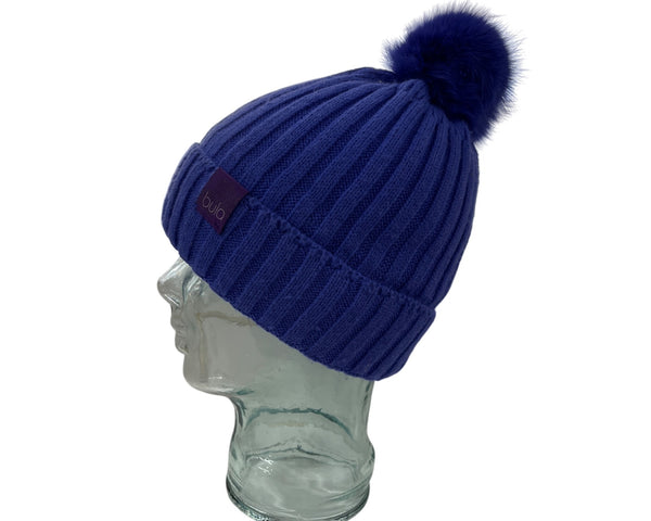 Bula Womens Blue Ribbed Knit Acrylic Pom-Pom Winter Beanie Hat OS