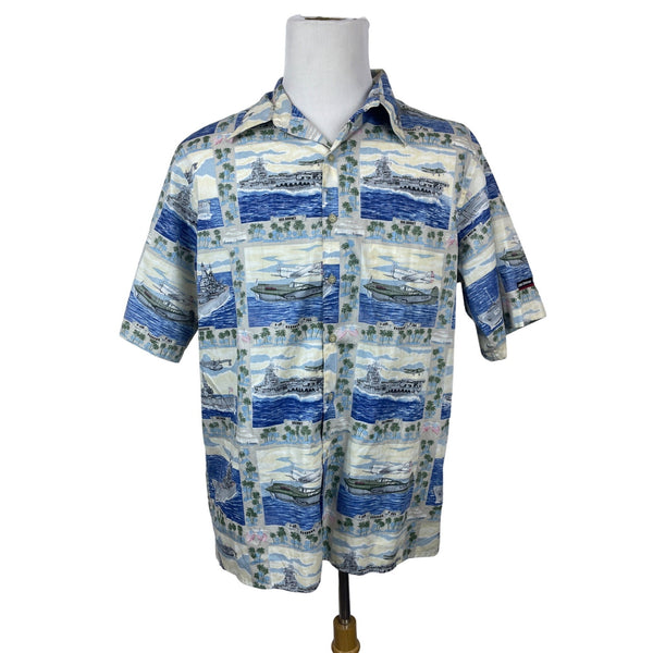 Vintage Reyn Sooner Men's Hawaiian Style WWII & Sea Design Blue Shirt Sz XL
