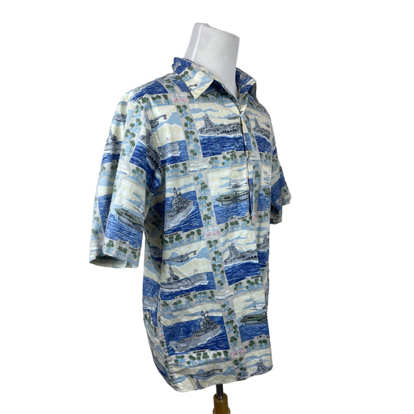 Vintage Reyn Sooner Men's Hawaiian Style WWII & Sea Design Blue Shirt Sz XL