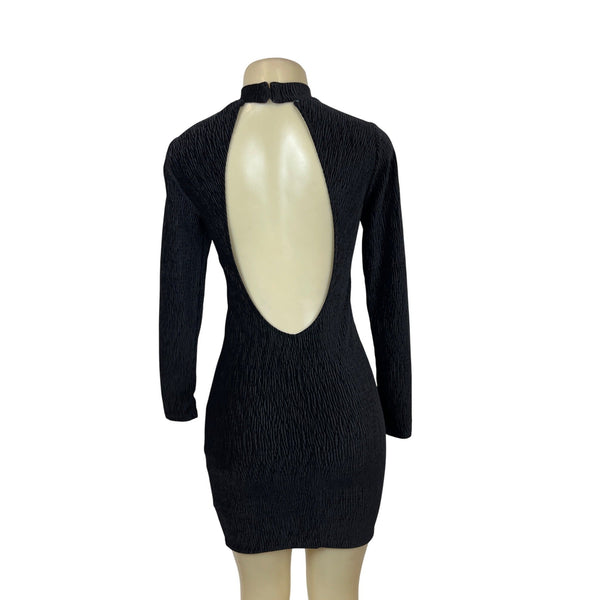 Divided  Black Textured Open Back Long Sleeve Womens Mini Dress Sz XS