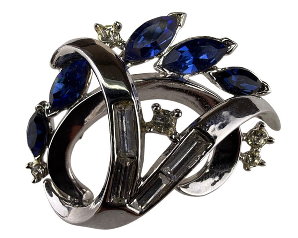 Trifari Vintage Silver Tone Rhinestone Sapphire Blue Crescent Brooch Pin Elegant