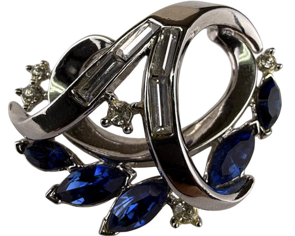 Trifari Vintage Silver Tone Rhinestone Sapphire Blue Crescent Brooch Pin Elegant