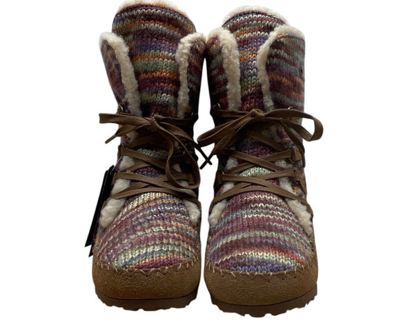 Bearpaw Youth Suzy Colorful Knit Sheepskin Wool Blend & Brown Suede Boot Size 5