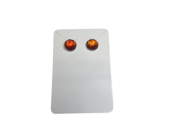 Amber Stud Earrings Women Orange Sterling Silver Round Minimalist Jewelry Small