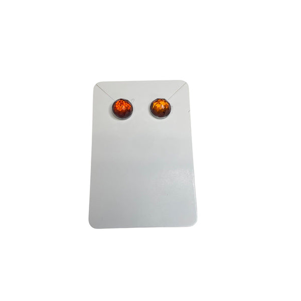 Amber Stud Earrings Women Orange Sterling Silver Round Minimalist Jewelry Small