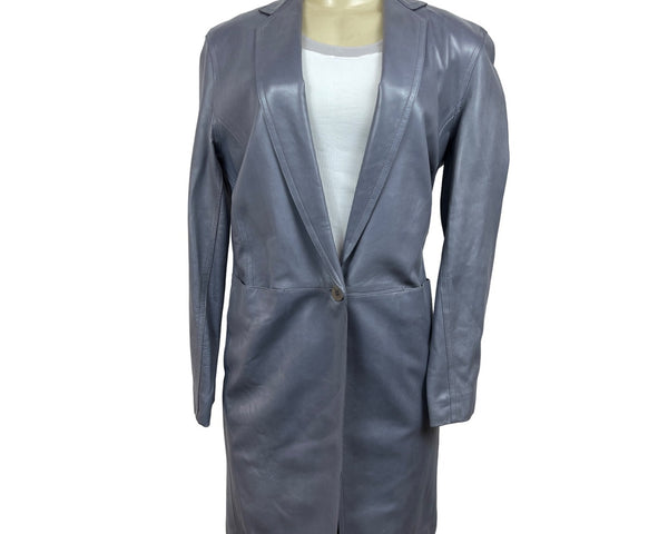 Donna Karan Single-Button Longline Leather Blazer Coat In Slate Gray Sz L
