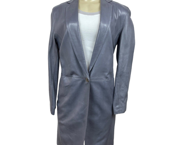 Donna Karan Single-Button Longline Leather Blazer Coat In Slate Gray Sz L