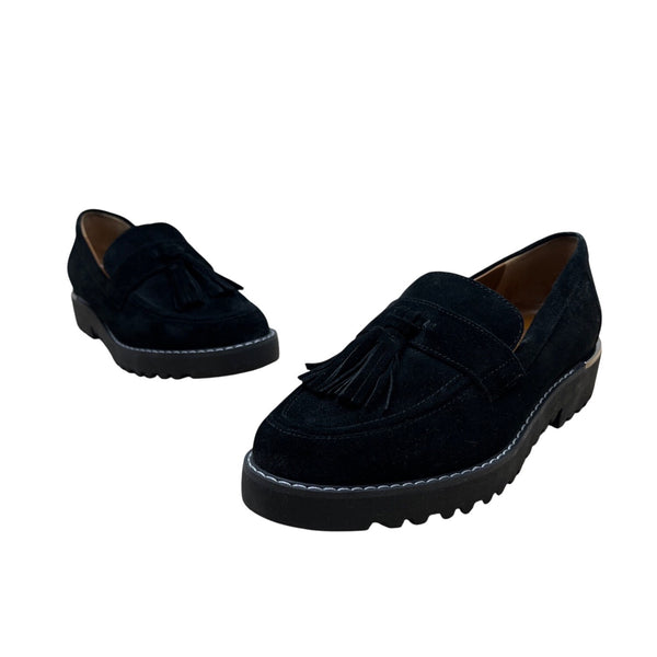 Franco Sarto Black Suede With Tassels & Stacked Sole Womens Loafers Size 7.5M